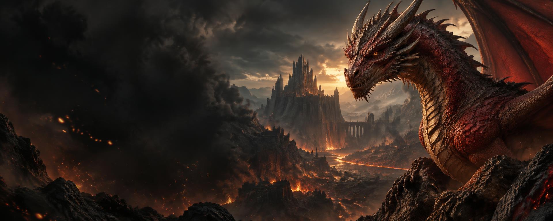 Dragon overlooking a volcanic battlefield